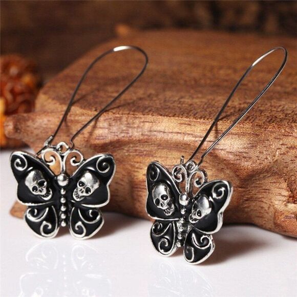 Black Butterfly Kidney Earwire Style Skull Earrings, One Size, NWT - Picture 4 of 7